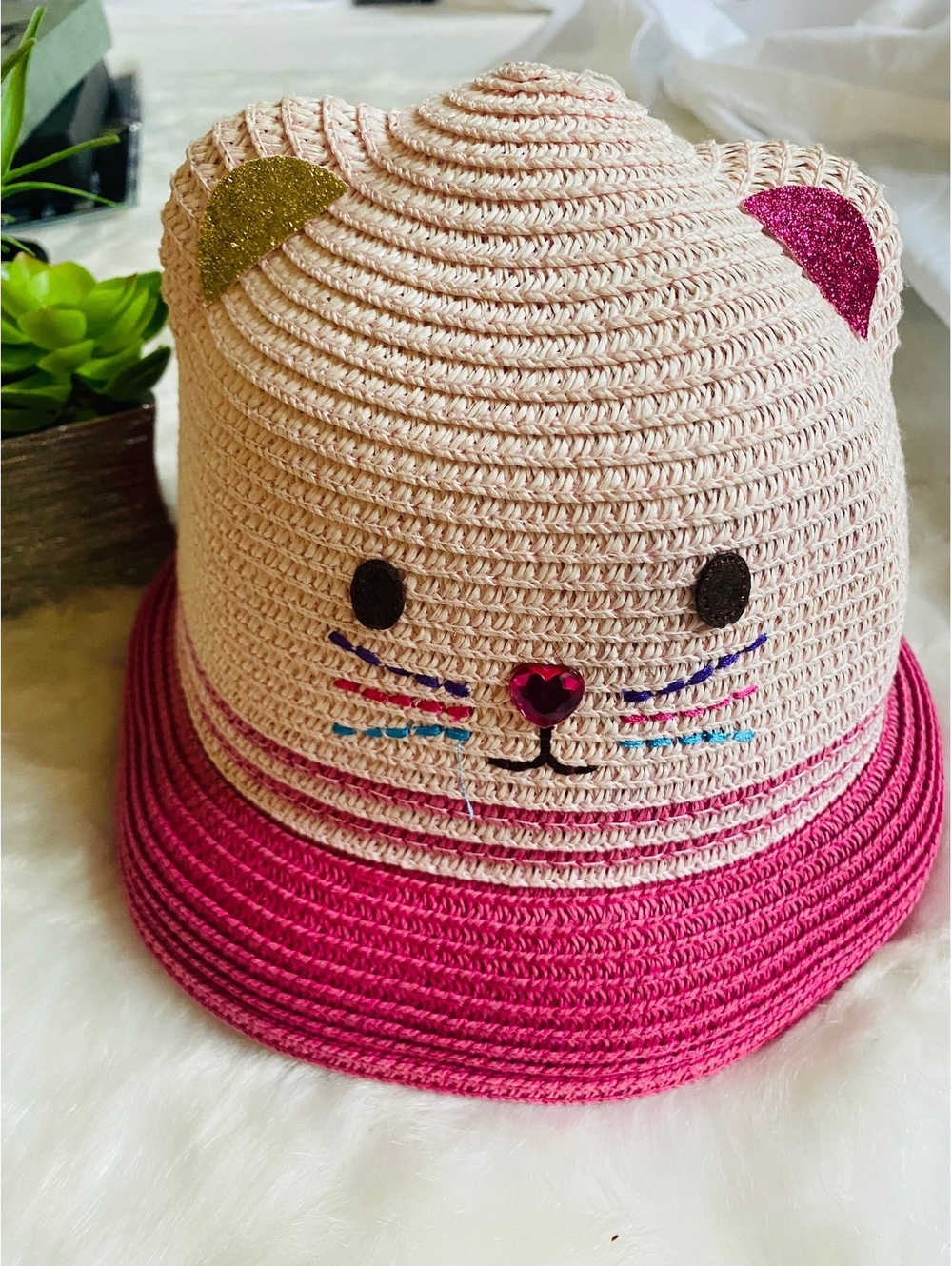 Cute Pink Cat Face Straw Sun Hat for Girls